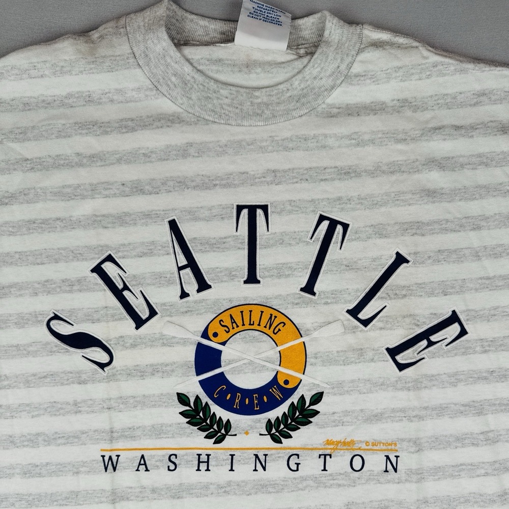 Vintage 90s Striped Seattle Washington Sailing Crew T Shirt Single Stitch XL